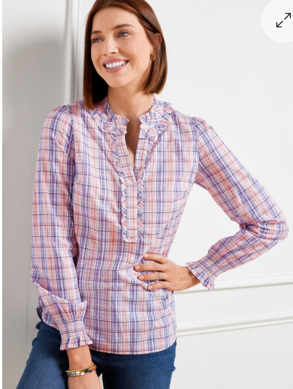 Talbots Pink & Blue Plaid Ruffle-Trim Long-Sleeve Blouse